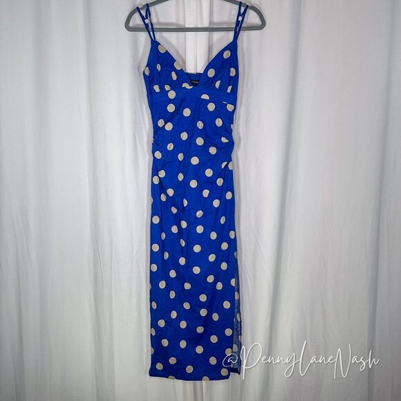 Zara Linen Blend Polka Dot Ruched Midi Dress Blue/Tan - Picture 2 of 13